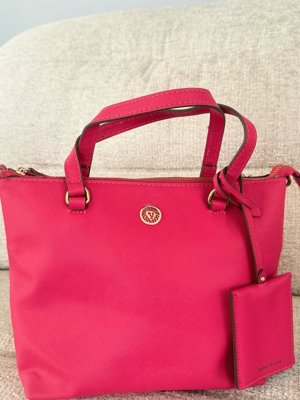 Anne Klein Bright Pink Saffiano Tote with Gold Hardware